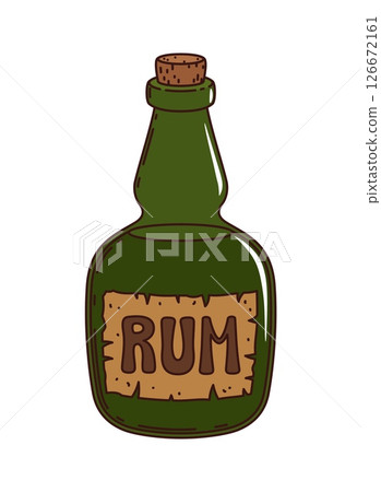 Cartoon groovy pirate and corsair rum bottle, retro green glass flask with cork stopper, rugged emblem and narrow neck. Isolated vector alcohol drink bottle holds the essence of daring adventures 126672161