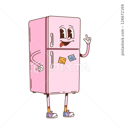 Cartoon groovy refrigerator character with playful expression, magnets on the door and dynamic hand gesture. Vector pink retro fridge kitchen appliance, food storage personage with hippie Y2k vibe 126672169