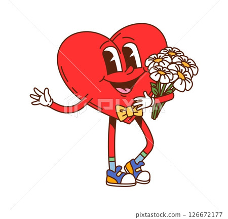 Cartoon groovy valentine heart character with a yellow bowtie, holding daisies bouquet and showcasing cheerful expression. Isolated vector retro personage, symbol of love and affection with y2k vibe 126672177