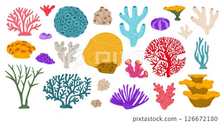 Corals and reefs, cartoon underwater seaweed plants set. Aquarium and sea coral reef vector wildlife nature biodiversity. Ocean and undersea water life isolated weeds and wracks, kelp marine flora 126672180