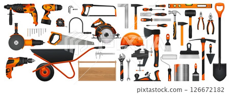 Construction DIY tools set of vector repair work, building and carpentry hardware kit. Hammer, screwdriver, saw and paint, wrench, drill, toolbox and spanner. DIY repair work hand tools and equipment 126672182