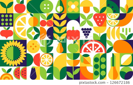 Organic food geometric pattern with fruits, vegetables, herbs and farm plants. Modern vector tile, modular background, abstract layout with lemon, apple, grape, strawberry, carrot and sunflower grid 126672186