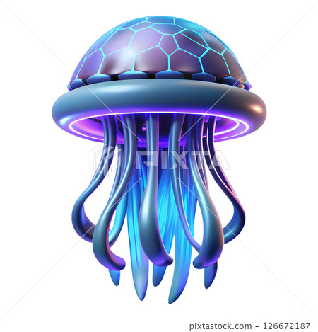 3d cartoon futuristic cyberpunk jellyfish illustration, neon glowing tentacles, bioluminescent deep sea creature, sci-fi aquatic alien, isolated on transparent background 126672187