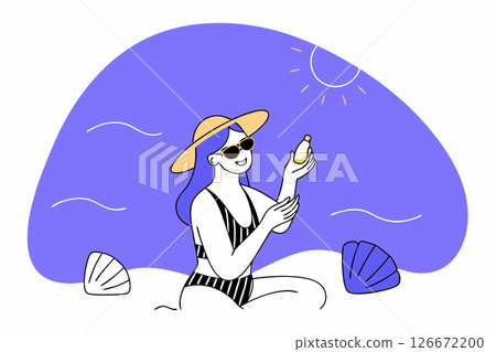Young woman applying sunscreen at sunny beach, summer skincare routine, vector illustration	 126672200