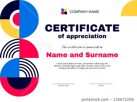 Business certificate template with geometric abstract background, vector diploma. Certificate of appreciation or diploma award layout template with modern geometric shapes pattern background Business certificate template with geometric abstract background, vector diploma. Certificate of appreciation or diploma award layout template with modern geometric shapes pattern background 126672208
