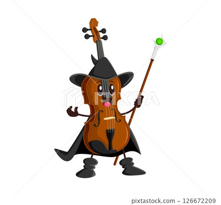 Cartoon Halloween violin music instrument mage or sorcerer character. Orchestra wizard happy mascot. Warlock musical instrument vector cute personage. Violin funny sorcerer character with magic staff 126672209