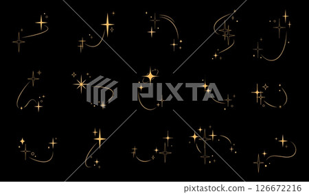 Twinkle and sparkle stars, shine celestial spark, starburst flash icons, blink glitter icons in black and white. Vector monochrome set of magical embellishments, celestial glows and shine effects 126672216