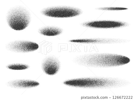 Shadows oval and circles with grain noise or stipple dots texture, vector shade effects. Realistic circle shadows with noise grain gradient, sand dotwork or paint spray for oval objects shadow effect 126672222