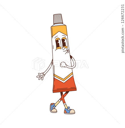 Cartoon groovy character of a medical tube in retro sneakers. Vector funny cream container shows expressive gesture with big eyes and crossed legs. Y2k hippie medicine personage with nostalgic emotion Cartoon groovy character of a medical tube in retro sneakers. Vector funny cream container shows expressive gesture with big eyes and crossed legs. Y2k hippie medicine personage with nostalgic emotion 126672231