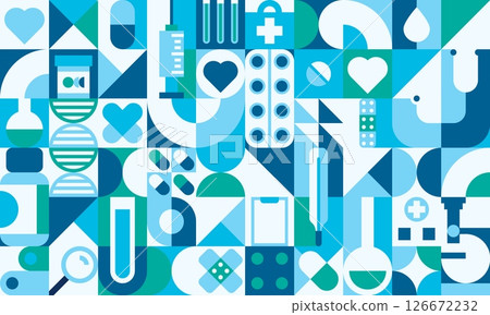 Healthcare medicine geometric pattern. Vector modular tile background with pills, syringe, bandage, thermometer, test tube, bottle, heart and cross icons arranged in abstract shapes in blue and green Healthcare medicine geometric pattern. Vector modular tile background with pills, syringe, bandage, thermometer, test tube, bottle, heart and cross icons arranged in abstract shapes in blue and green 126672232