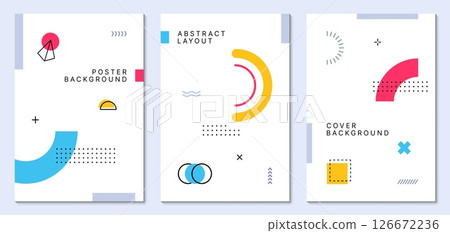 Memphis posters with geometric shapes and abstract modern color elements, vector backgrounds. Memphis poster layouts set with retro geometric shapes or isometric line elements of minimal figures Memphis posters with geometric shapes and abstract modern color elements, vector backgrounds. Memphis poster layouts set with retro geometric shapes or isometric line elements of minimal figures 126672236