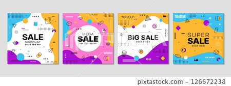 Sale Memphis banners with abstract geometric pattern for discount promo, vector posters. Sale promotion offer banners for shop or store special promo of 50 percent off with Memphis geometric shapes 126672238
