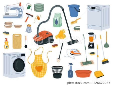 Home appliance, kitchenware and kitchen utensil. Vector set of washing machine, dishwasher, vacuum cleaner, iron, mop, sponge and gloves, dishes, spray, detergent, apron and cutting board equipment 126672243