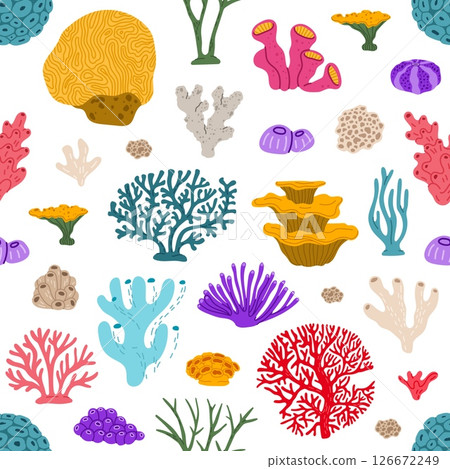 Corals and reefs seamless pattern. Cartoon vector underwater seaweed plants tile background. Aquarium and sea coral reef. Ocean and undersea water life wallpaper, weeds and wracks, kelp marine flora 126672249