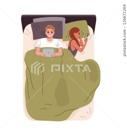 Couple in bed with gadgets. Cartoon flat vector of young man and woman lying in bed, each engaged with a digital device. Modern, relatable scene reflecting everyday technology habits in relationships Couple in bed with gadgets. Cartoon flat vector of young man and woman lying in bed, each engaged with a digital device. Modern, relatable scene reflecting everyday technology habits in relationships 126672269