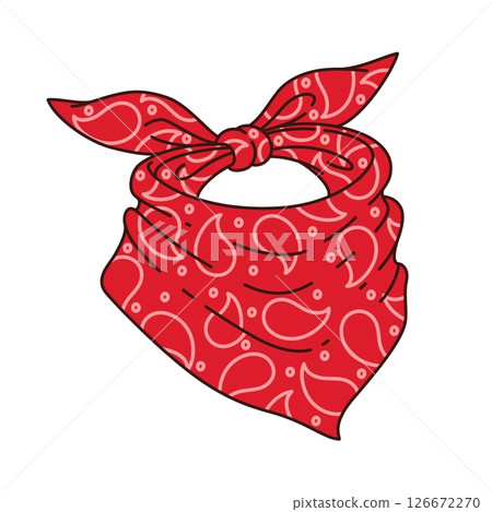 Cartoon groovy bandit bandana, wild west western cowboy scarf featuring a red fabric with decorative patterns and tied knot. Isolated vector classic ranger neck accessory with outlaw y2k aesthetic 126672270
