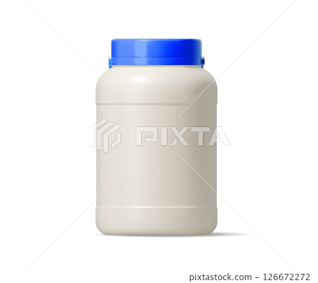 Mayonnaise sauce plastic container package. Protein powder jar, detergent or hygiene soap plastic bottle realistic vector mock up. Mayonnaise sauce plastic container, food product isolated 3d package Mayonnaise sauce plastic container package. Protein powder jar, detergent or hygiene soap plastic bottle realistic vector mock up. Mayonnaise sauce plastic container, food product isolated 3d package 126672272