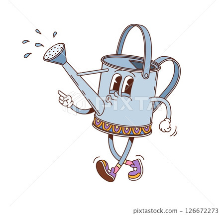 Cartoon groovy hippie watering can funny character with funny face, vector personage. Groovy watering pot funky whistling with water splashes for flowers and plants psychedelic or hipster emoji Cartoon groovy hippie watering can funny character with funny face, vector personage. Groovy watering pot funky whistling with water splashes for flowers and plants psychedelic or hipster emoji 126672273