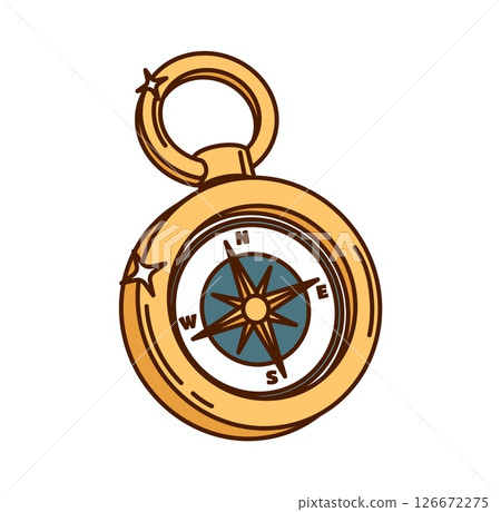 Cartoon groovy ancient pirate and corsair compass with a wind rose and cardinal directions. Vector retro brass navigation nautical item. Vintage tool evokes navigation, adventure and exploration Cartoon groovy ancient pirate and corsair compass with a wind rose and cardinal directions. Vector retro brass navigation nautical item. Vintage tool evokes navigation, adventure and exploration 126672275
