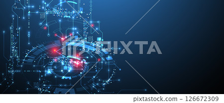 Digital circuit visualization vector background. Blue board pattern with interconnected lines, nodes, and binary code. Digital circuit visualization vector background. Blue board pattern with interconnected lines, nodes, and binary code. 126672309