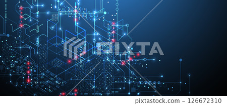 Digital circuit visualization vector background.  Blue board pattern with interconnected lines, nodes, and binary code. 126672310