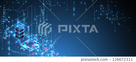 Digital circuit visualization vector background. Blue board pattern with interconnected lines, nodes, and binary code. Digital circuit visualization vector background. Blue board pattern with interconnected lines, nodes, and binary code. 126672311