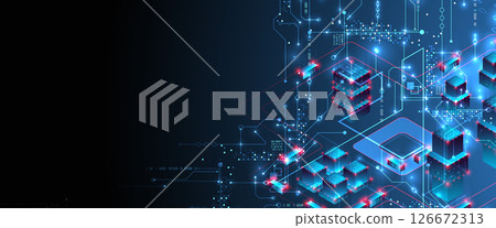 Digital circuit visualization vector background. Blue board pattern with interconnected lines, nodes, and binary code. Digital circuit visualization vector background. Blue board pattern with interconnected lines, nodes, and binary code. 126672313