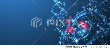 Digital circuit visualization vector background. Blue board pattern with interconnected lines, nodes, and binary code. Digital circuit visualization vector background. Blue board pattern with interconnected lines, nodes, and binary code. 126672317