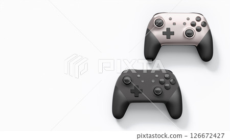 Realistic colorful video game joysticks or gamepads with color buttons on white 126672427