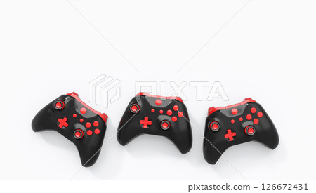 Realistic black video game joysticks or gamepads with color buttons on white 126672431