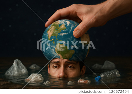 Hand pressing globe drowning face in plastic ocean 126672494