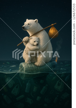 Polar Bears Adrift on Plastic Bottle at Night 126672533