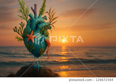 Ocean Heart with Marine Life at Sunset 126672564