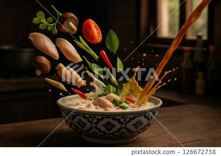 Thai food chicken galangal soup ingredients 126672738