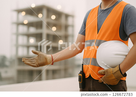 Construction worker welcoming to building site Construction worker welcoming to building site 126672783