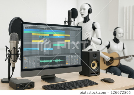 Music studio with mixing software screen Music studio with mixing software screen 126672805