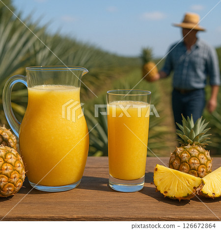 Pineapple juice and fruits on farm table Pineapple juice and fruits on farm table 126672864