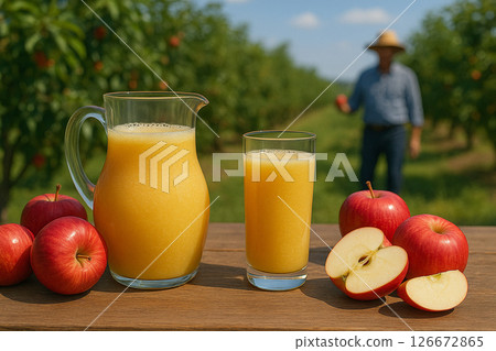 Apple Juice and Sliced Apples on Rustic Orchard 126672865
