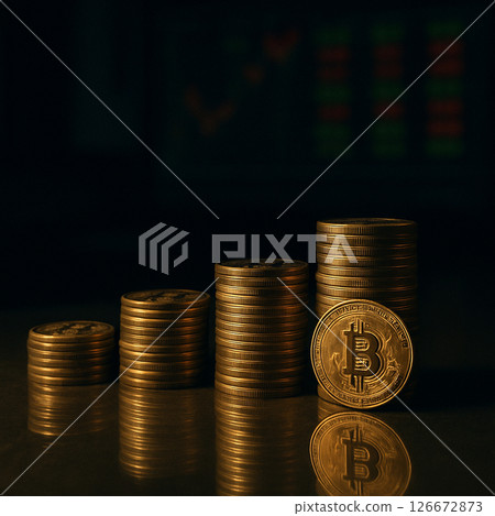 Bitcoin coins pile on glass table crypto trading 126672873