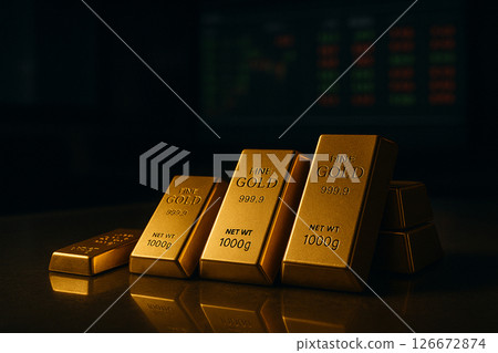 Gold bars pile on glass table with stock trading 126672874