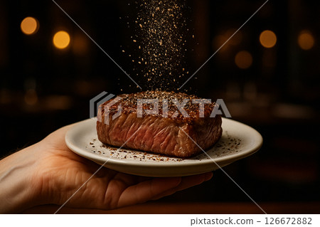 Juicy medium rare steak with black pepper on hand 126672882