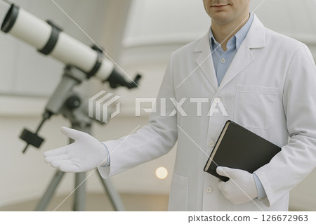 Astronomer Inviting to Observatory Telescope Dome 126672963