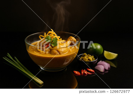 Khao Soi Chicken In Glass Bowl On Black Table 126672977