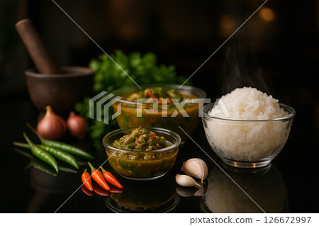 Thai local food set on black glass table 126672997