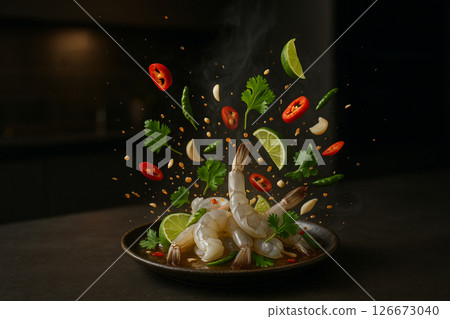 Thai Shrimp Dish with Flying Ingredients 126673040