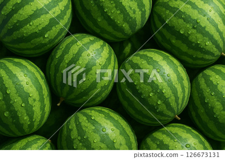 AI generated top view of ripe green watermelons with vivid stripes and water droplets under bright daylight reflecting freshness cleanliness and natural juiciness AI generated top view of ripe green watermelons with vivid stripes and water droplets under bright daylight reflecting freshness cleanliness and natural juiciness 126673131