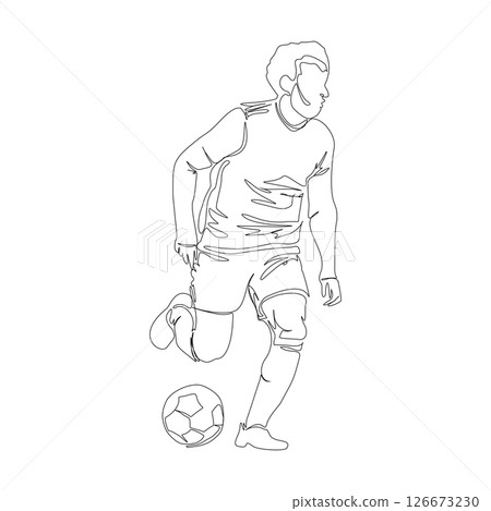 Soccer, football player kicking ball, footballer shoots and scores a goal, a player selebrating the victory isolated vector one line silhouette Soccer, football player kicking ball, footballer shoots and scores a goal, a player selebrating the victory isolated vector one line silhouette 126673230
