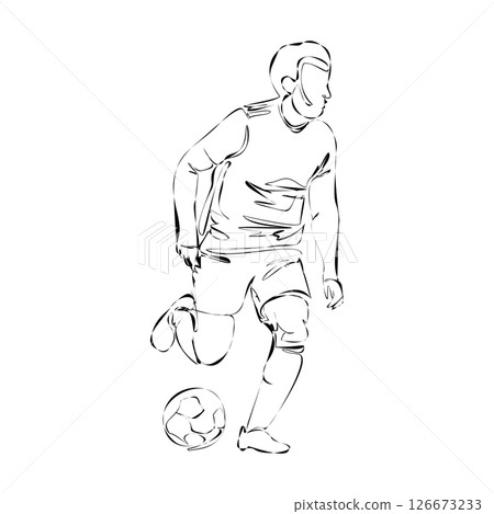 Soccer, football player kicking ball, footballer shoots and scores a goal, a player selebrating the victory isolated vector one line silhouette Soccer, football player kicking ball, footballer shoots and scores a goal, a player selebrating the victory isolated vector one line silhouette 126673233