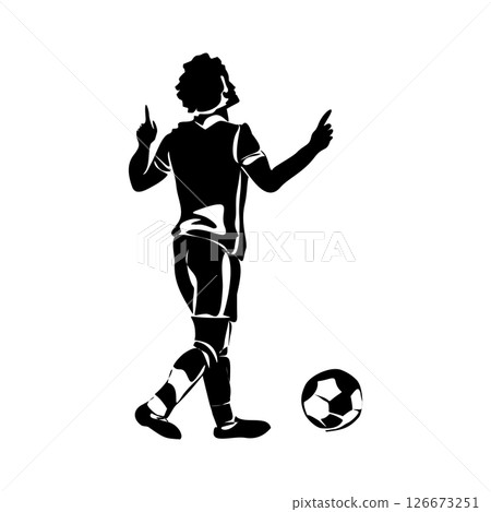 Soccer, football player kicking ball, footballer shoots and scores a goal, a player selebrating the victory isolated vector black silhouette 126673251