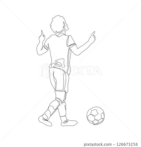 Soccer, football player kicking ball, footballer shoots and scores a goal, a player selebrating the victory isolated vector one line silhouette Soccer, football player kicking ball, footballer shoots and scores a goal, a player selebrating the victory isolated vector one line silhouette 126673258
